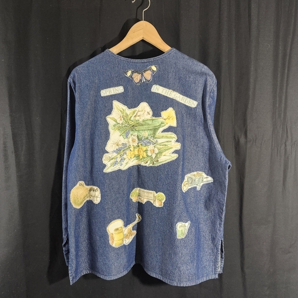 BLAIR  Denim Spring Theme Button up Shirt with Patchwork Embroidery Size Large - Picture 2 of 16